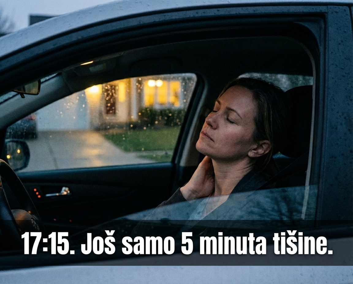 Utrujena ženska v avtu si po delu drži vrat