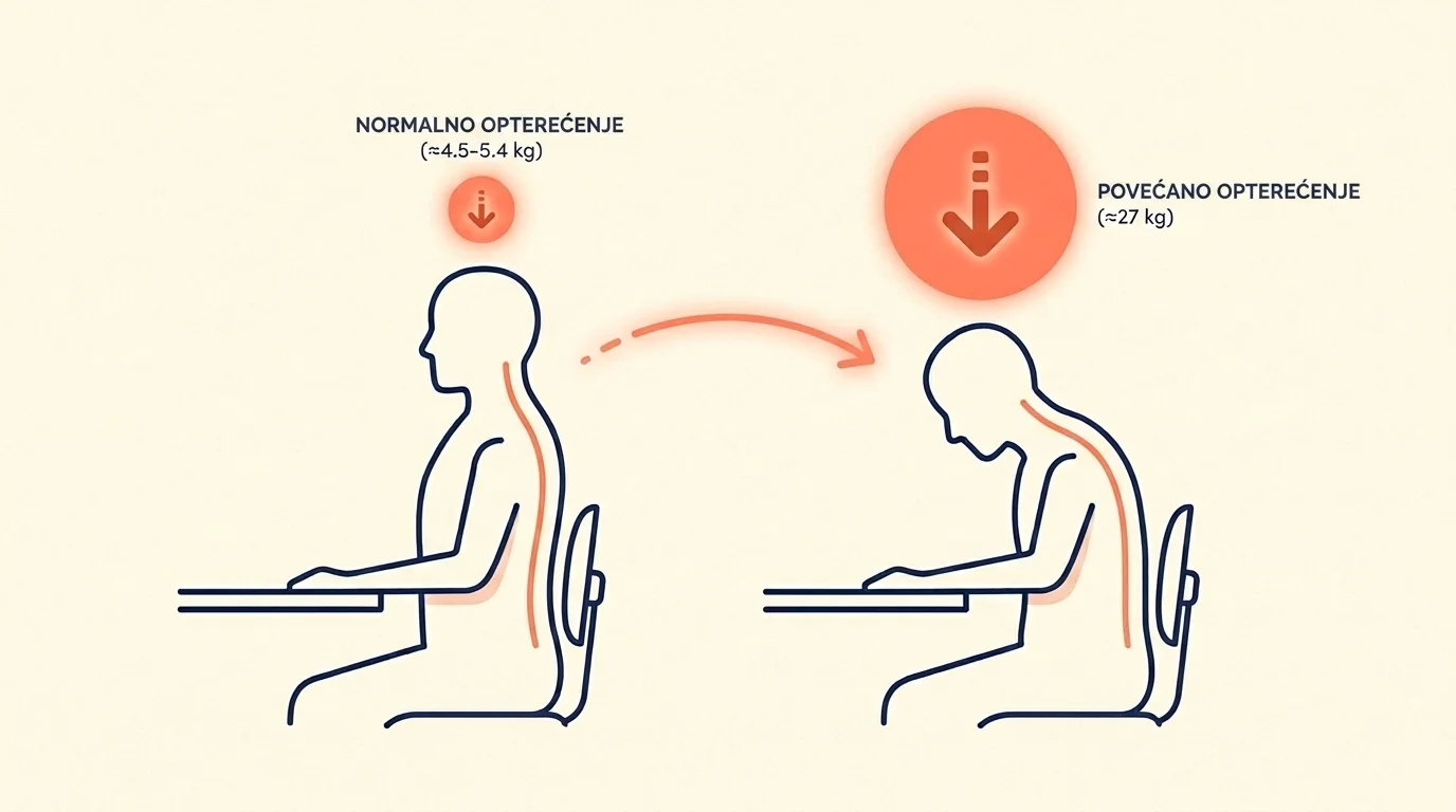 Ilustracija tech neck položaja — usporedba neutralnog i nagnutog položaja glave i opterećenja na vrat