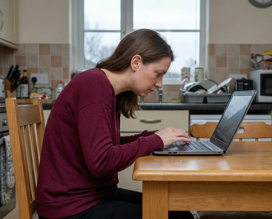 Žena radi od kuće za kuhinjskim stolom — loša ergonomija i napetost vrata od rada na laptopu