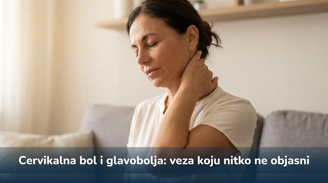 Žena drži ruku na bazi lubanje dok bol iz vrata zrači prema glavi