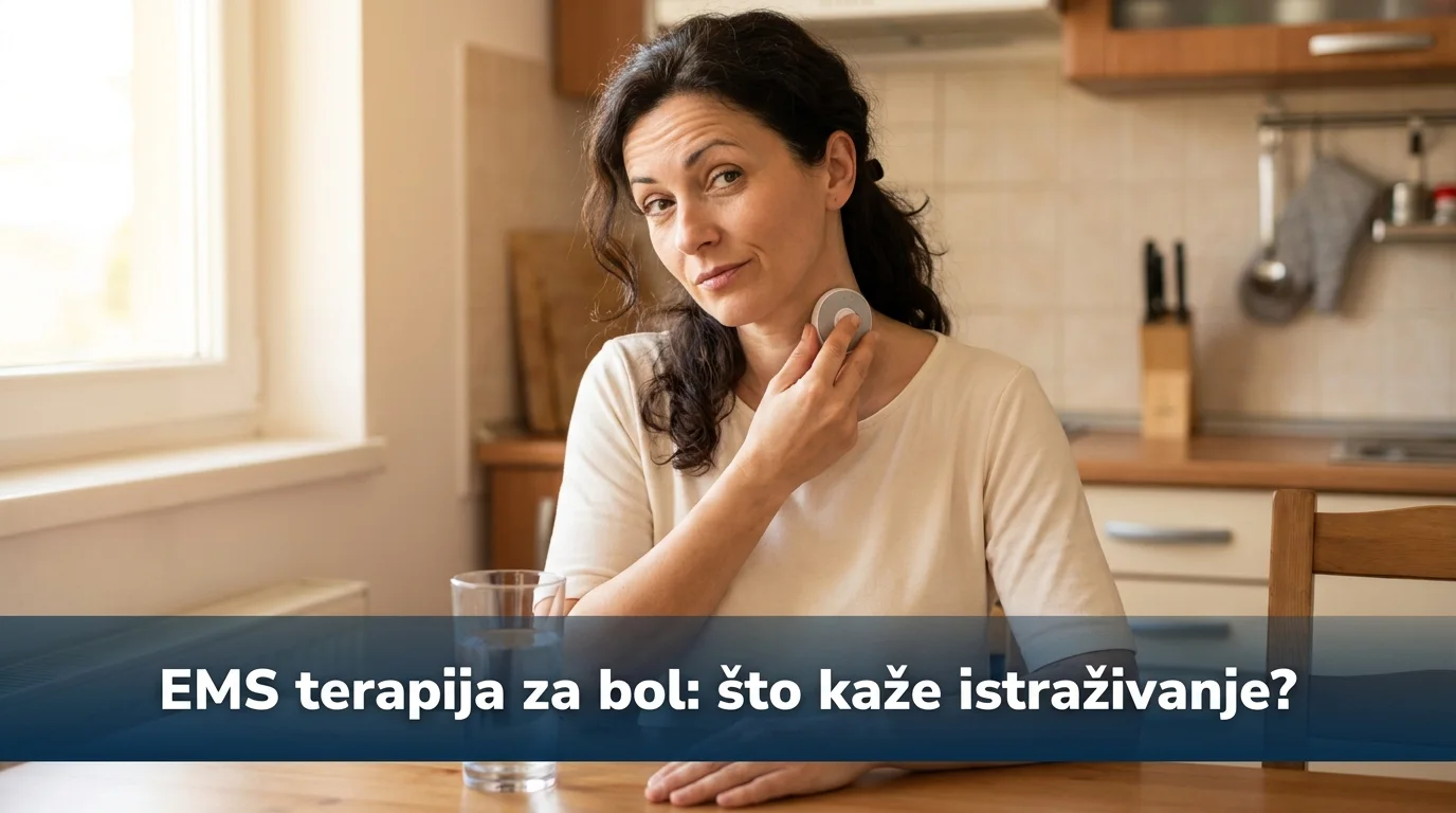 Žena s opreznim izrazom lica isprobava EMS uređaj na vratu po prvi put