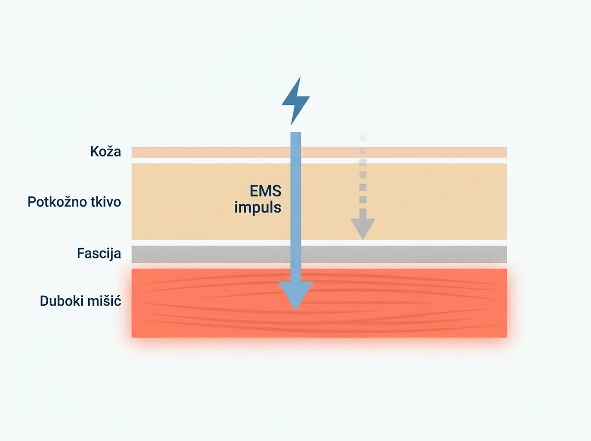 Dijagram koji prikazuje kako EMS električni impuls prolazi kroz slojeve tkiva do dubokog mišića