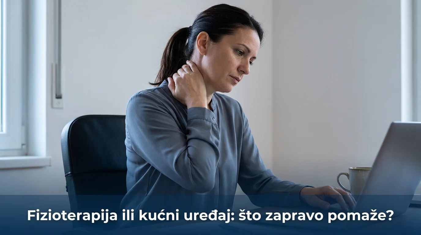 Žena za računalom drži ruku na vratu dok se bol vraća između fizioterapeutskih sesija