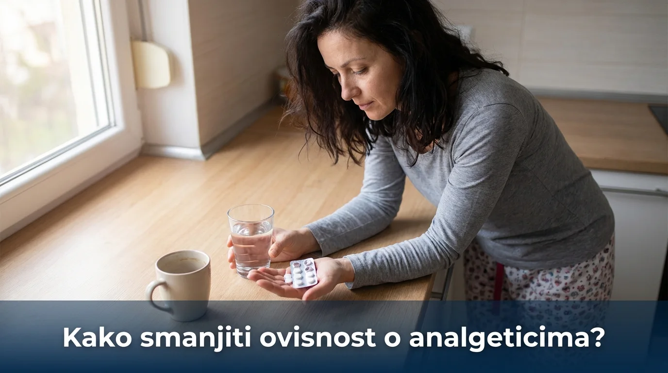 Žena u kuhinji promatra blister tableta s izrazom tihog prepoznavanja, ne krivnje