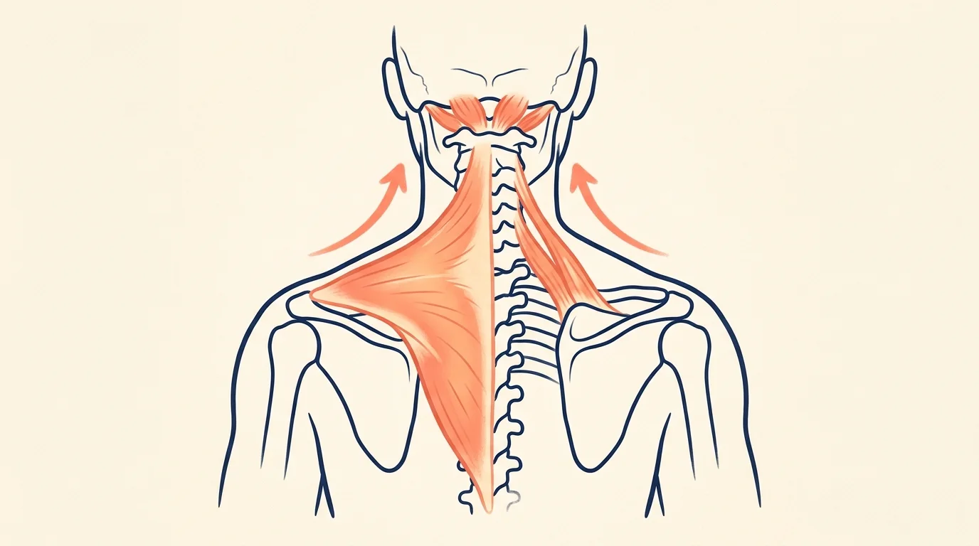 Anatomski prikaz mišićnog lanca — trapezius, levator scapulae i subokcipitalni mišići
