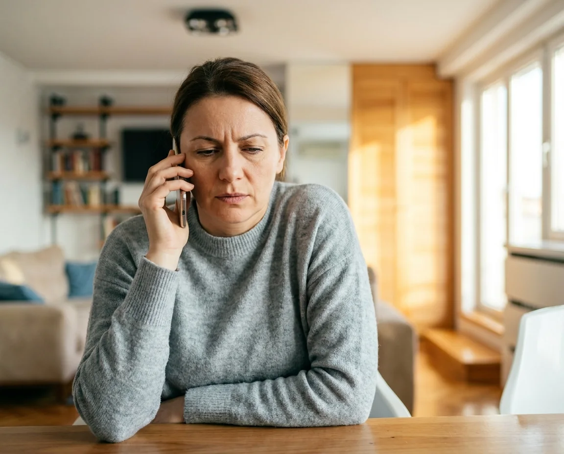 Žena na telefonskom pozivu — podignuta ramena, napetost vrata od stresa