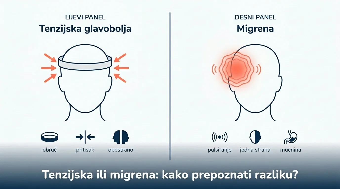 Usporedni dijagram dvaju uzoraka glavobolje: ravnomjeran pritisak tenzijske nasuprot pulsirajuce boli migrene na jednoj strani