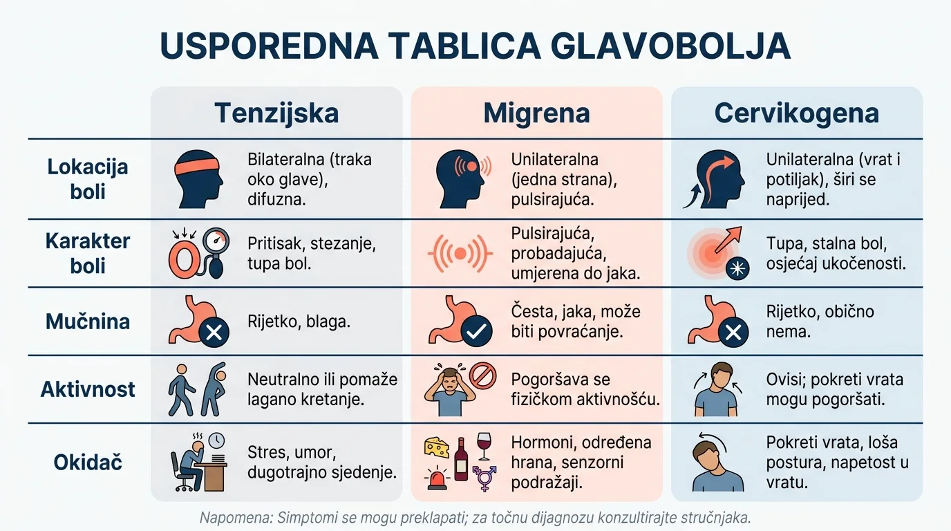 Dijagram koji usporeduje tenzijsku glavobolju, migrenu i cervikogenu prema lokaciji boli, karakteru, mucnini i reakciji na aktivnost