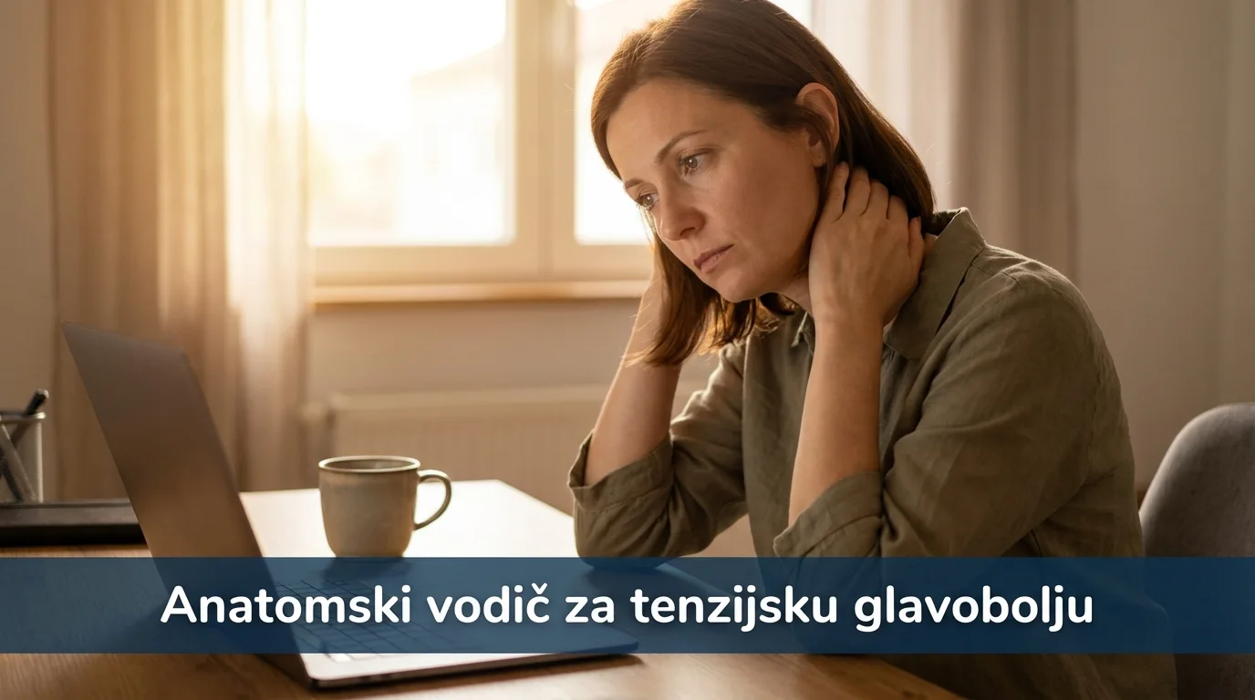 Žena za stolom s rukom na bazi lubanje — forward head posture i tenzijska glavobolja