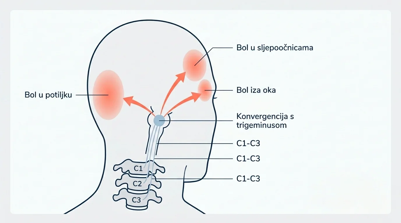 Dijagram konvergencije cervikalnih živaca i trigeminusa — prenesena bol u glavi