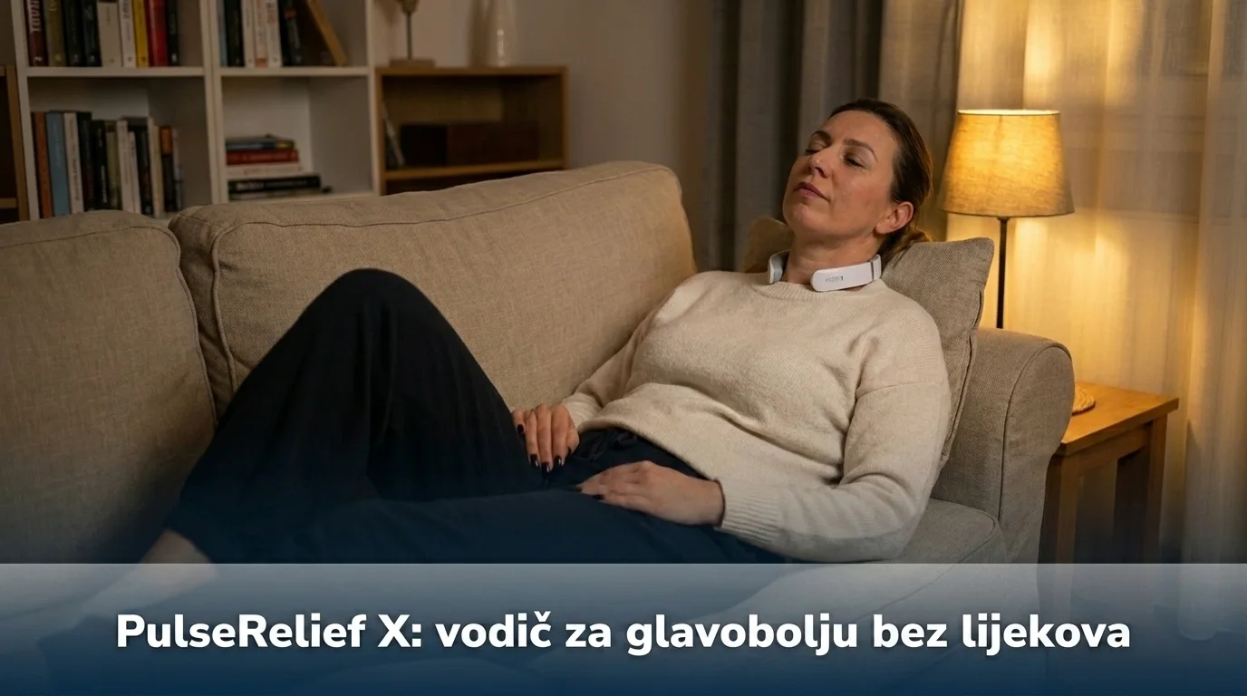 Žena koristi PulseRelief X uređaj za tenzijsku glavobolju kod kuće navečer