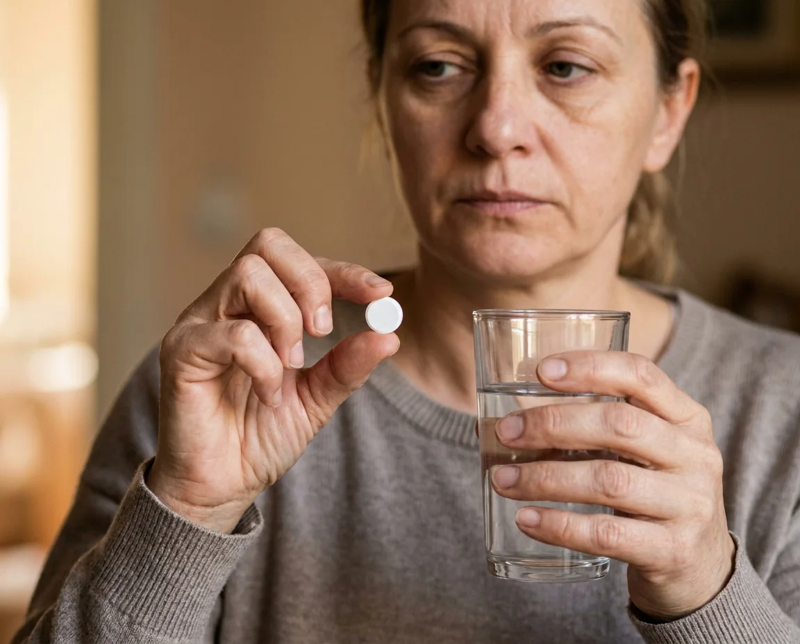 Žena drži tabletu za glavobolju — svakodnevna navika uzimanja analgetika