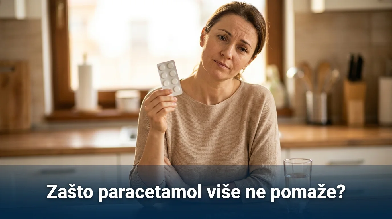 Žena drži pakiranje tableta i gleda ga s nesigurnošću — tablete za glavobolju više ne pomažu