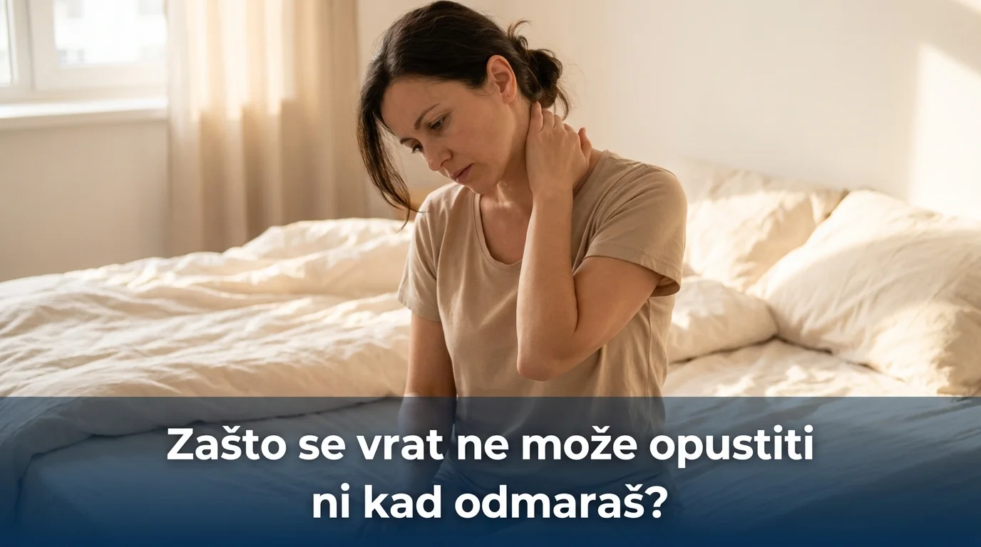 Žena jutro sjedi na rubu kreveta i drži se za zatiljak — ukočen vrat koji se ne opušta ni nakon spavanja