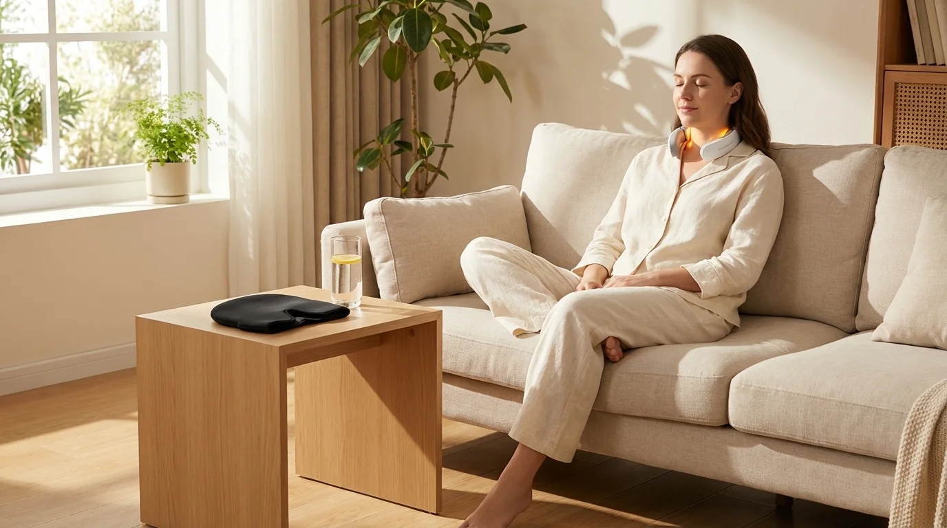 Žena koristi PulseRelief X uređaj za opuštanje vrata u svom domu