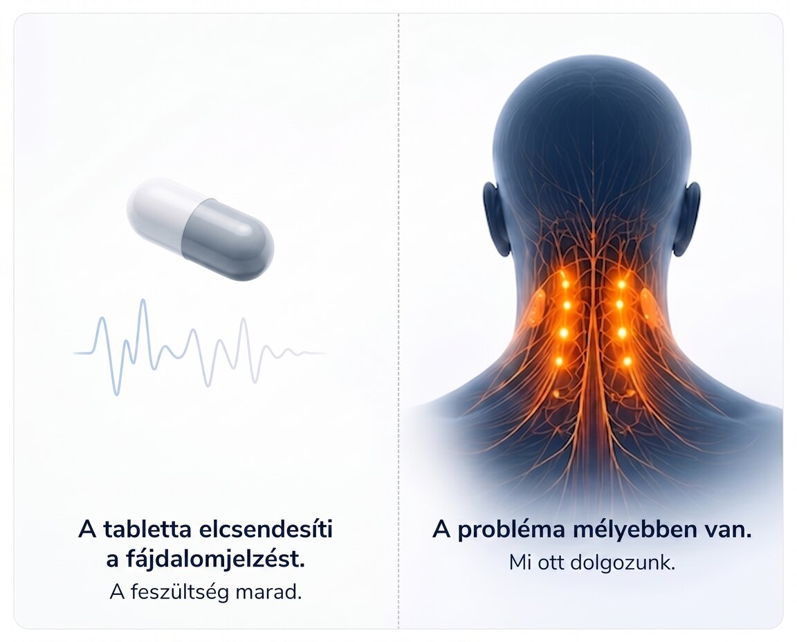 Tabletta és nyaki feszültség összehasonlítása: a tabletta elcsendesíti a fájdalomjelzést, de a feszültség megmarad