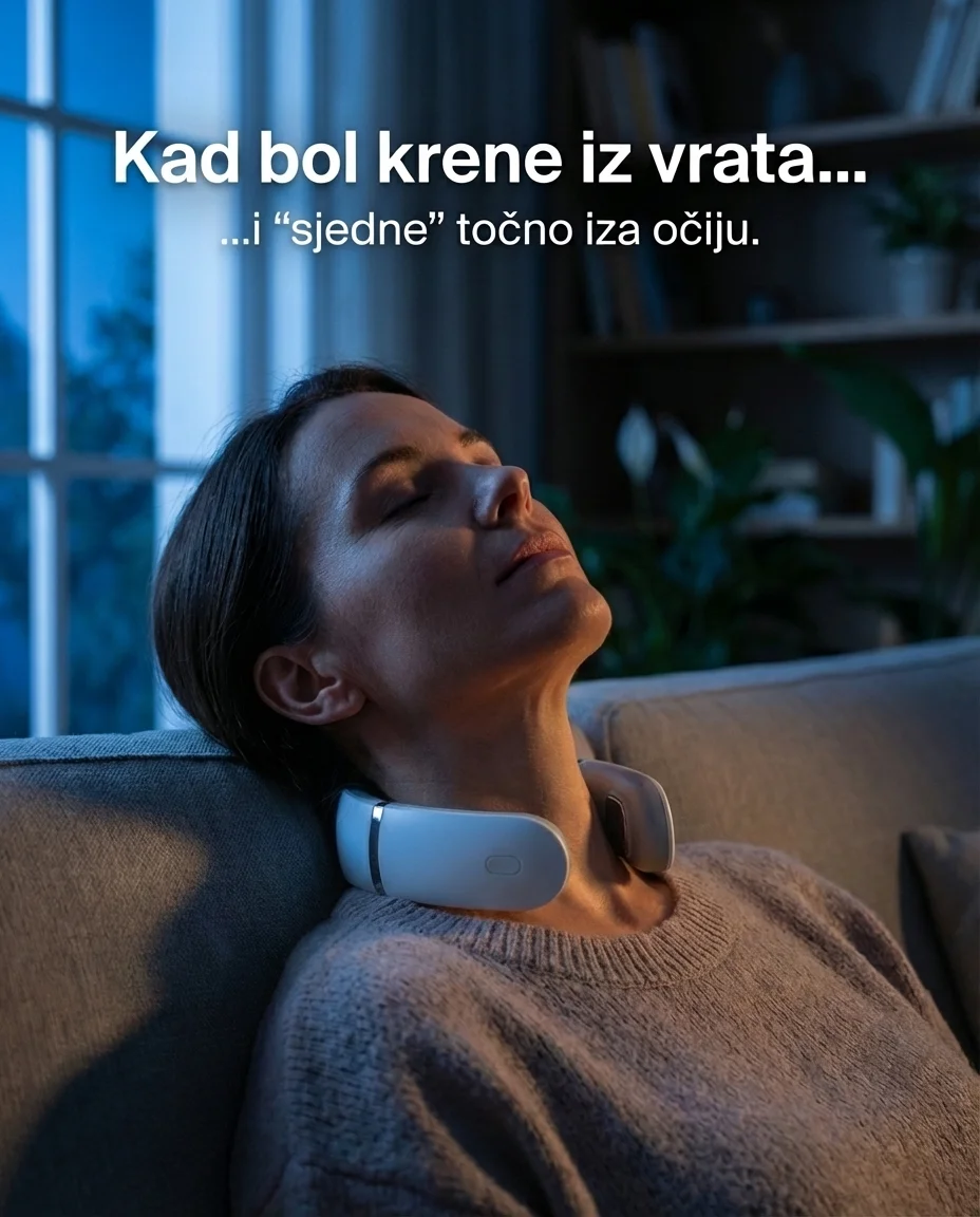Žena se opušta na sofi s PulseRelief X uređajem na vratu - olakšanje od tenzijske glavobolje