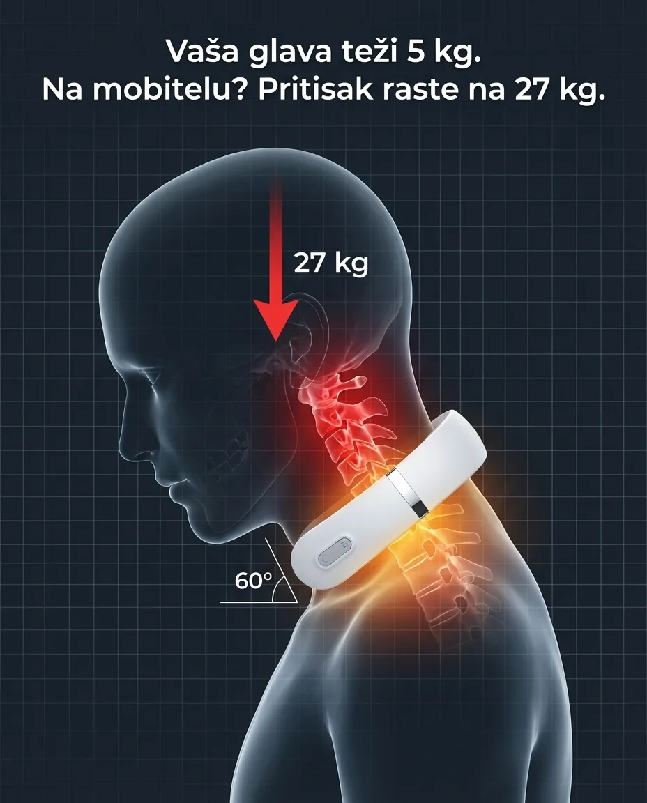 Anatomski prikaz: 27kg pritiska na vrat pri kutu od 60°