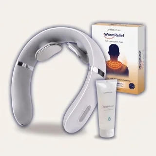 Complete package: one PulseRelief X device, one PulseBoost gel, and five WarmRelief patches