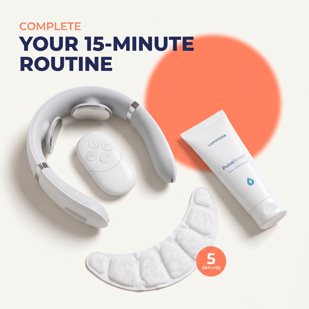 Complete bundle with one PulseRelief X, one remote, one PulseBoost gel, and five WarmRelief patches