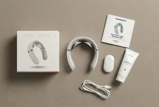 Paket PulseRelief X 2.0 z napravo, daljinskim upravljalnikom, PulseBoost gel, kablom USB-C, navodili in škatlo